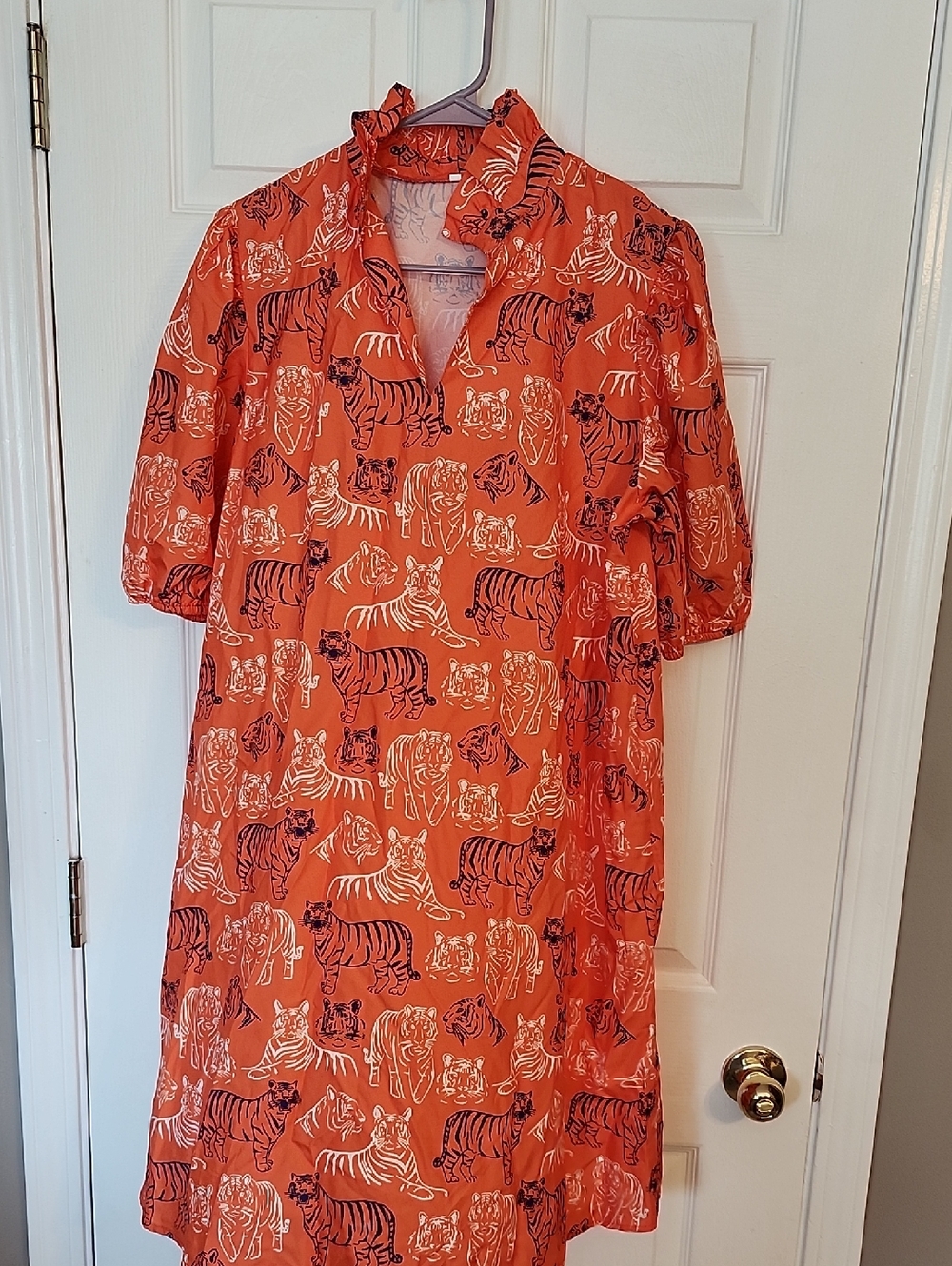 Orange Tiger Print Ruffle Collar Dress